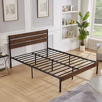 Streamdale Furniture Queen Size Bed Frame with Wood Headboard, Metal Frame with Strong Slats, Noise Free, No Box Spring Needed-Brown