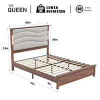 Streamdale Furniture Queen Size Bed Frame with Upholstered Headboard, Queen Bed Frame with Charging Station and Led Lights, Wood Slats, Beige Linen, N