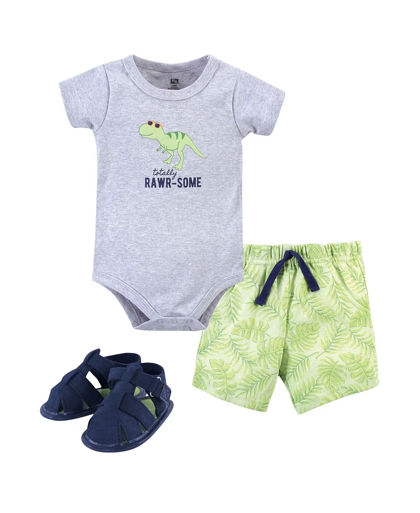 Hudson Baby Baby Boys Cotton Bodysuit, Shorts and Shoe 3pc Set, Rawr-Some Dino - Rawr