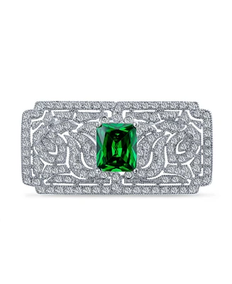 Bling Jewelry Big Estate Jewelry Scroll Green Red Blue Cubic Zirconia Rectangle Filigree Statement Art Deco Style Brooch Pin For Women Silver Plated