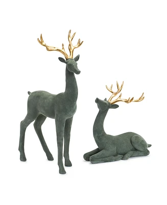 Slickblue Green Flocked Deer Figurine With Gold Antlers (Set of 2)