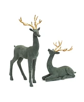 Slickblue Green Flocked Deer Figurine With Gold Antlers (Set of 2)