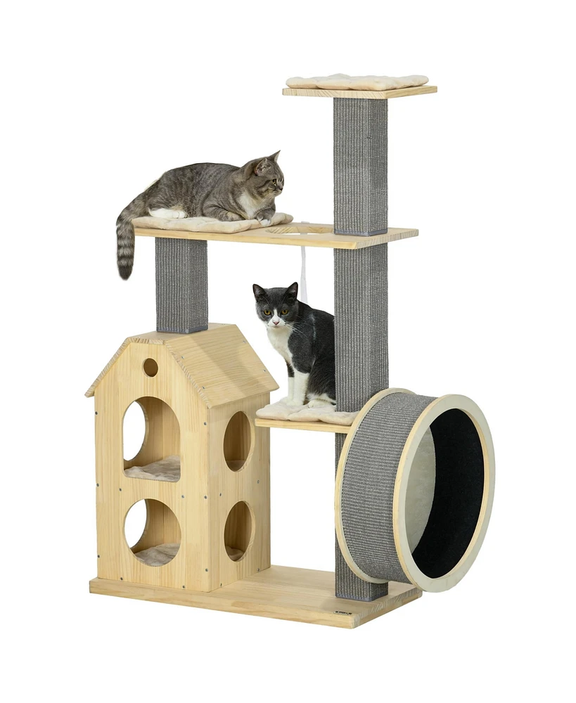 PawHut Modern Small Cat Tree W/ Scratchers & Wheel, Wooden Cat Tower