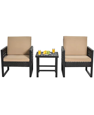 Gymax 3PCS Rattan Outdoor Bistro Set Patio Conversation Furniture Set w/ Cushions