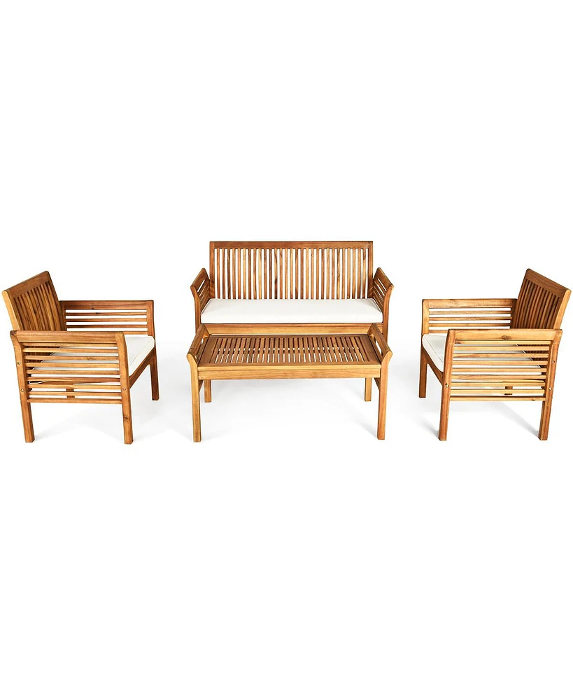 Gymax 4PCS Wooden Patio Conversation Set Outdoor Furniture Set w/ Cushion