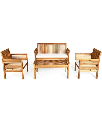 Gymax 4PCS Wooden Patio Conversation Set Outdoor Furniture Set w/ Cushion