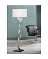 Possini Euro Design Modern Floor Lamp Standing 63.5" Tall Brushed Nickel Silver Black Asymmetry Rectangular White Linen Fabric Shade Decor for Living