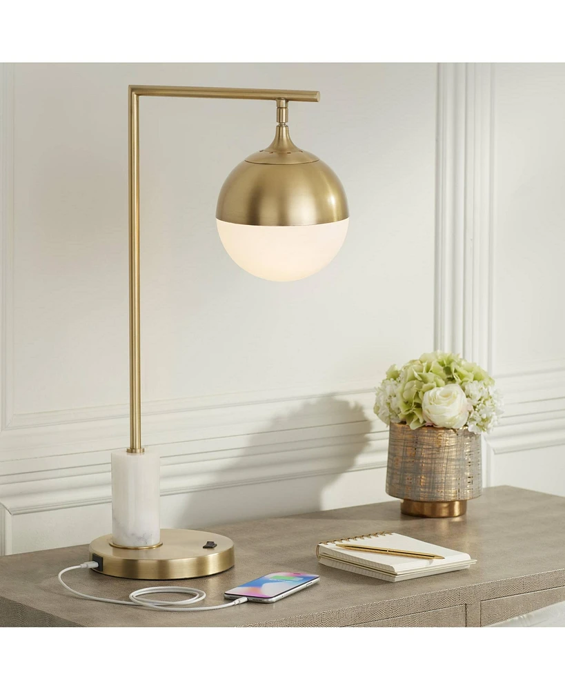 Possini Euro Design Luna Mid Century Modern Desk Table Lamp with Usb Port 26.5" High Antique Brass Metal White Opal Glass Shade for Living Room Bedroo