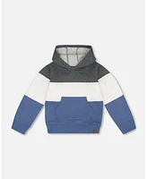 Deux par Big Boys Colorblock Hooded Fleece Sweatshirt Gray, White And Blue