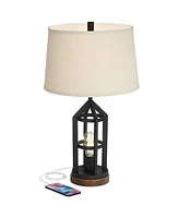 Franklin Iron Works Lucas Western Table Lamps 26" High Set of 2 with Usb Charging Port and Nightlight Led Bronze Metal Oatmeal Drum Shade for Living R