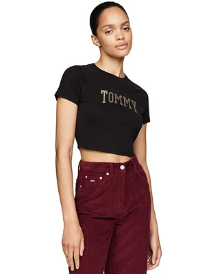 Tommy Jeans Women's Cotton Glitter Slim Cropped Varsity Tee