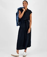 On 34th Women's Tonal Jacquard Cap-Sleeve Midi Shirtdress, Created for Macy's