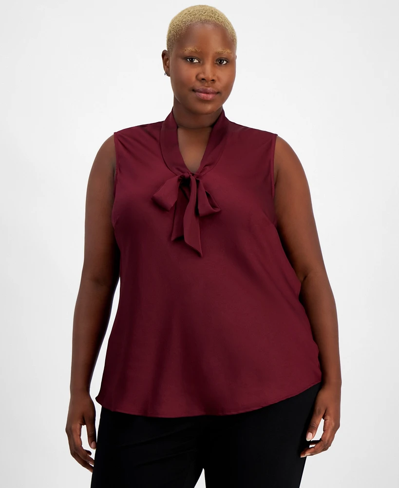 Kasper Plus Solid Sleeveless Tie-Front Blouse