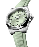 Longines Women's Swiss Automatic Conquest Mint Green Rubber Strap Watch 34mm