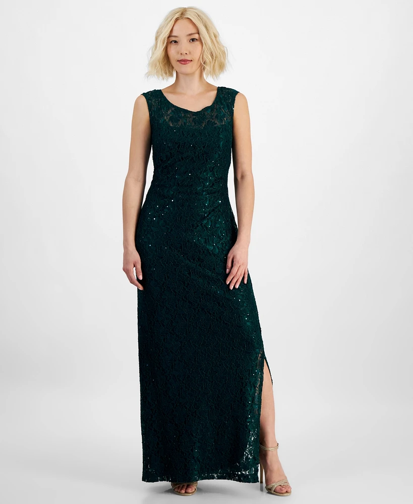 Connected Petite Boat-Neck Sleeveless Sequin Gown