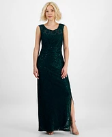 Connected Petite Boat-Neck Sleeveless Sequin Gown