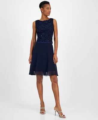 Connected Women's Sequined Scalloped-Lace Dress