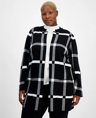 Kasper Plus Windowpane-Print Open-Front Cardigan