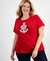 Holiday Lane Plus Anchor Short-Sleeve Top, Created for Macy's