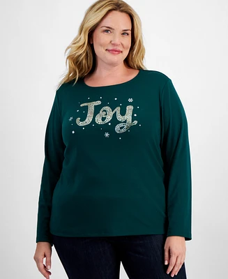 Holiday Lane Plus Joy Shine Long-Sleeve Top, Created for Macy's