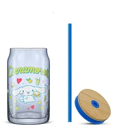 JoyJolt Hello Kitty and Friends Favorite Flavor Cinnamoroll Can Shaped Glass Tumbler with Wood Lid and Straw