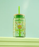 JoyJolt Hello Kitty and Friends Favorite Flavor Keroppi Can Shaped Glass Tumbler with Wood Lid and Straw