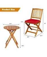 Gymax 3PCS Folding Acacia Wood Bistro Set Patio Conversation Set w/ Red Cushions