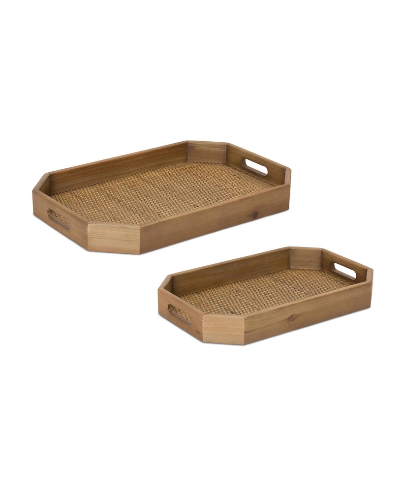 Slickblue Tray (Set of 2) 15"l X 9.5"w X 2"h, 18"l X 12"w X 2"h Wood/rattan