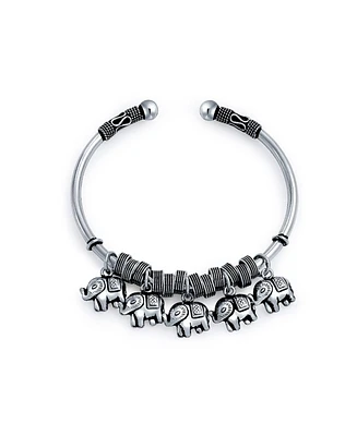 Bling Jewelry Bali Style 5 Charms Dangling Good Luck Elephant Bangle Cuff Bracelet For Women Solid Heavy Sterling Silver