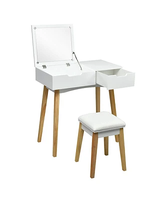 Sugift Wooden Vanity Table with Flip Top Mirror and Cushioned Stool