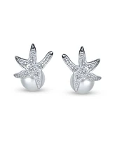 Bling Jewelry Nautical Cz Beach White Simulated Pearl 8MM Jewelry Set Starfish Necklace Pendant Stud Earring For Women Sterling Silver