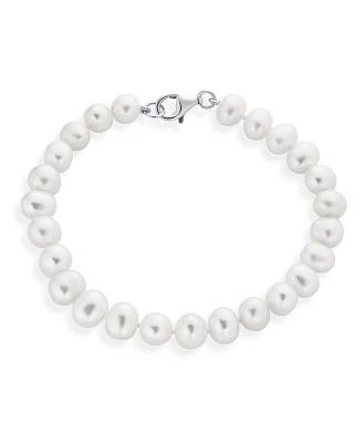 Bling Jewelry Classic Simple 7.5-8 Mm White Freshwater Cultured Pearl Hand Knotted Strand Bracelet Sterling Silver 7.5 Inch