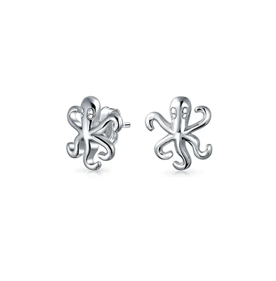 Bling Jewelry Delicate Tiny Nautical Vacation Honeymoon Ocean Marine Life Sea Creature Squid Octopus Stud Earrings For Women Teen .925 Sterling Silver