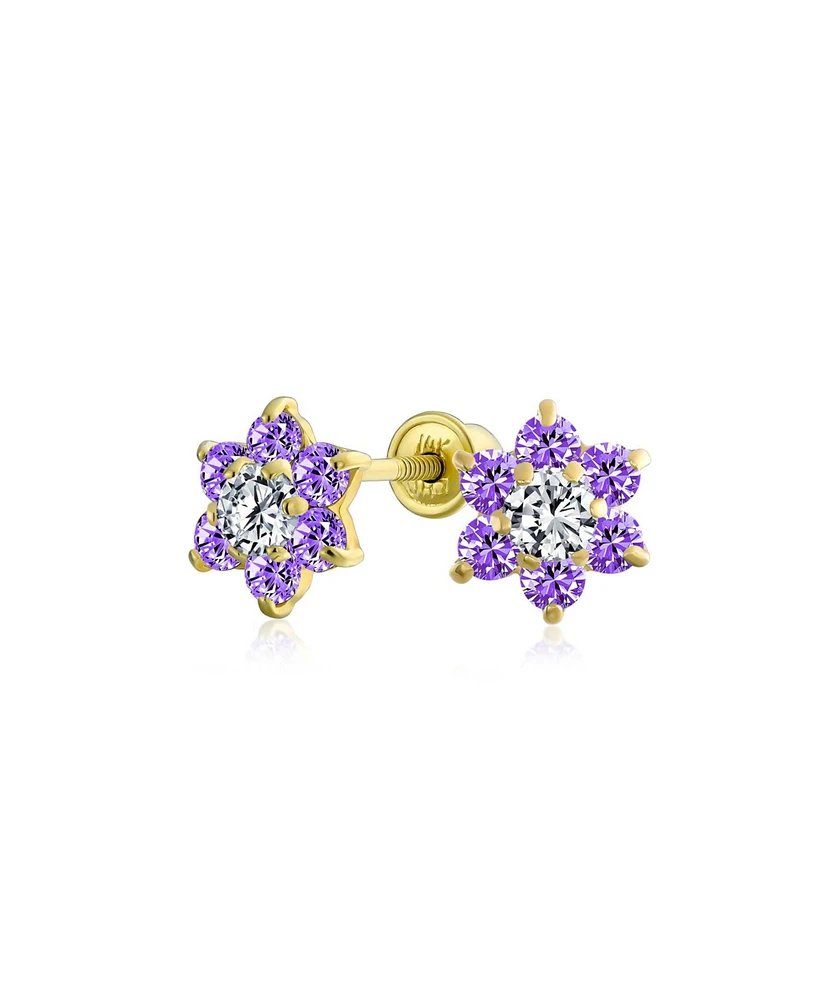 Bling Jewelry Tiny Purple Cz Flower Stud Earrings For Women For Teen Cubic Zirconia Simulated Amethyst 14K Real Gold Screw back