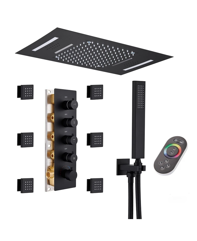 Mondawe 64 Colors Led Light and Music 3 Functions 4 Sprays Flush Ceiling Mounted Thermostatic Shower System with 6 Body Jets and Rough-in Valve in Mat