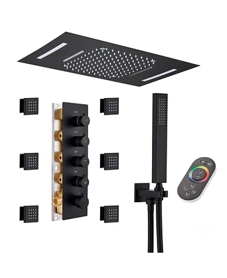 Mondawe 64 Colors Led Light and Music 3 Functions 4 Sprays Flush Ceiling Mounted Thermostatic Shower System with 6 Body Jets and Rough-in Valve in Mat