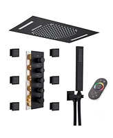 Mondawe 64 Colors Led Light and Music 3 Functions 4 Sprays Flush Ceiling Mounted Thermostatic Shower System with 6 Body Jets and Rough-in Valve in Mat