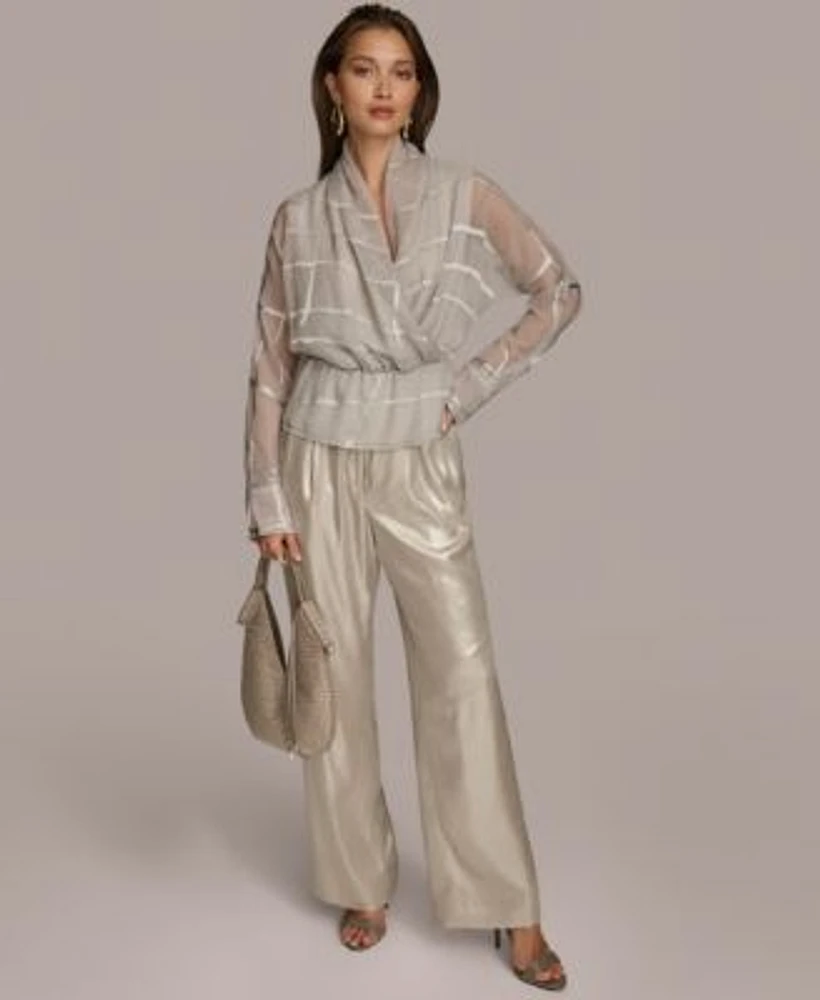 Donna Karan Burnout Chiffon Blouse Metallic Wide Leg Pants