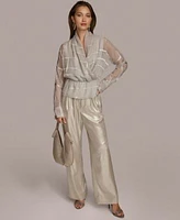 Donna Karan Burnout Chiffon Blouse Metallic Wide Leg Pants