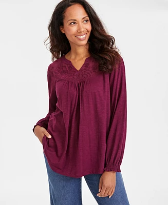 Style & Co Petite Mesh-Trim Ruffled-Cuff Top, Created for Macy's