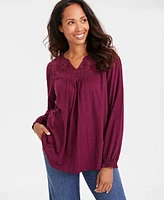 Style & Co Petite Mesh-Trim Ruffled-Cuff Top