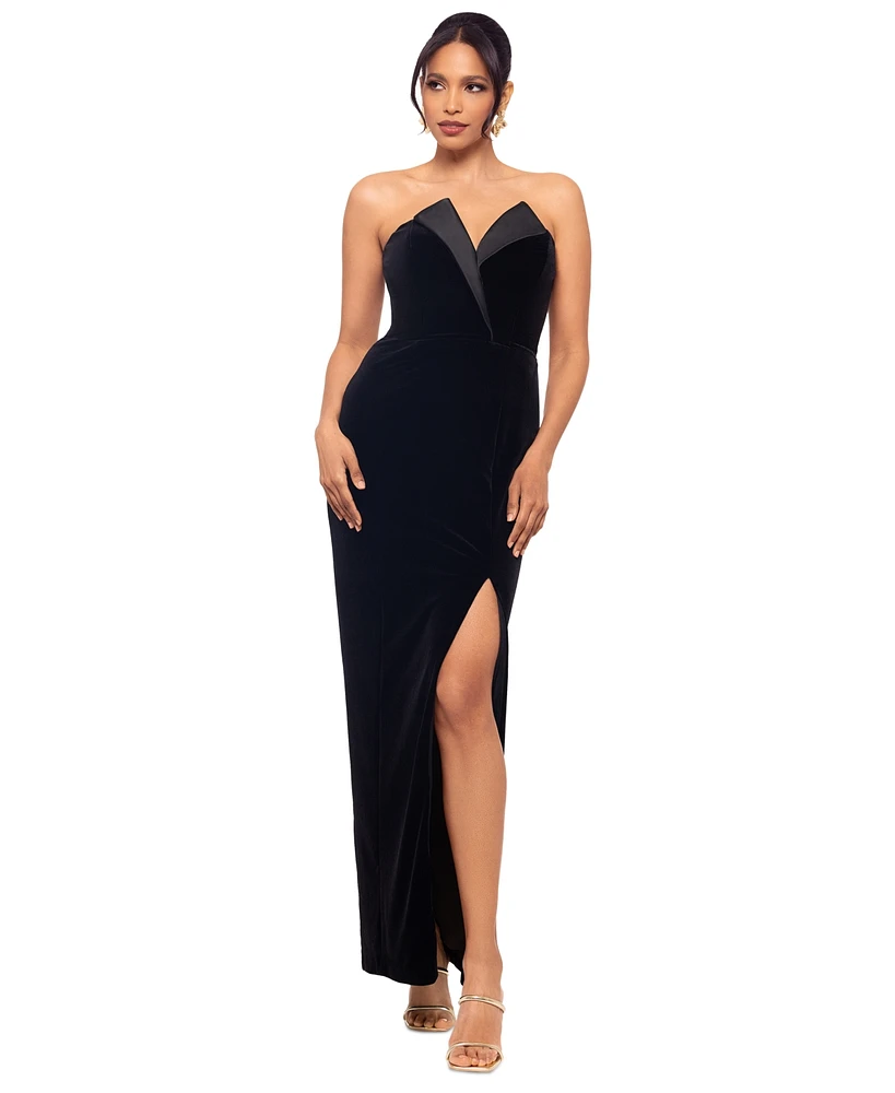 Betsy & Adam Women's Velvet Tuxedo Strapless Gown