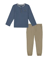 Calvin Klein Toddler Boys Layered Look Long Short Sleeve Henley Tee and Twill Joggers 2-Piece Set