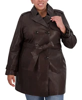 Tahari Womens Plus Size Natalie Belted Leather Trench Coat