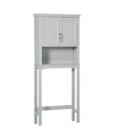 Kleankin Over The Toilet Storage Cabinet, Double Door Bathroom Organizer w/ Shelf, Grey