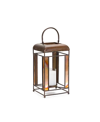 Slickblue Brozne Metal Candle Holder With Amber Glass Panes And Hurricane