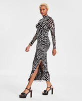 Bar Iii Women's Zebra-Print Mock Neck Midi Dress, Created for Macy's