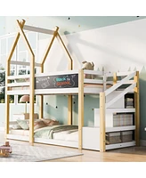 Simplie Fun Twin Over Twin House Bunk Bed With White Storage Staircase And Blackboard, White And Natural