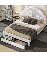 Simplie Fun Full Size Upholstered Platform Bed With Seashell Shaped Headboard, Led And 2 Drawers