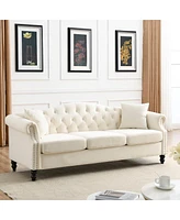 Simplie Fun Beige Velvet Chesterfield Sofa with Rolled Arms